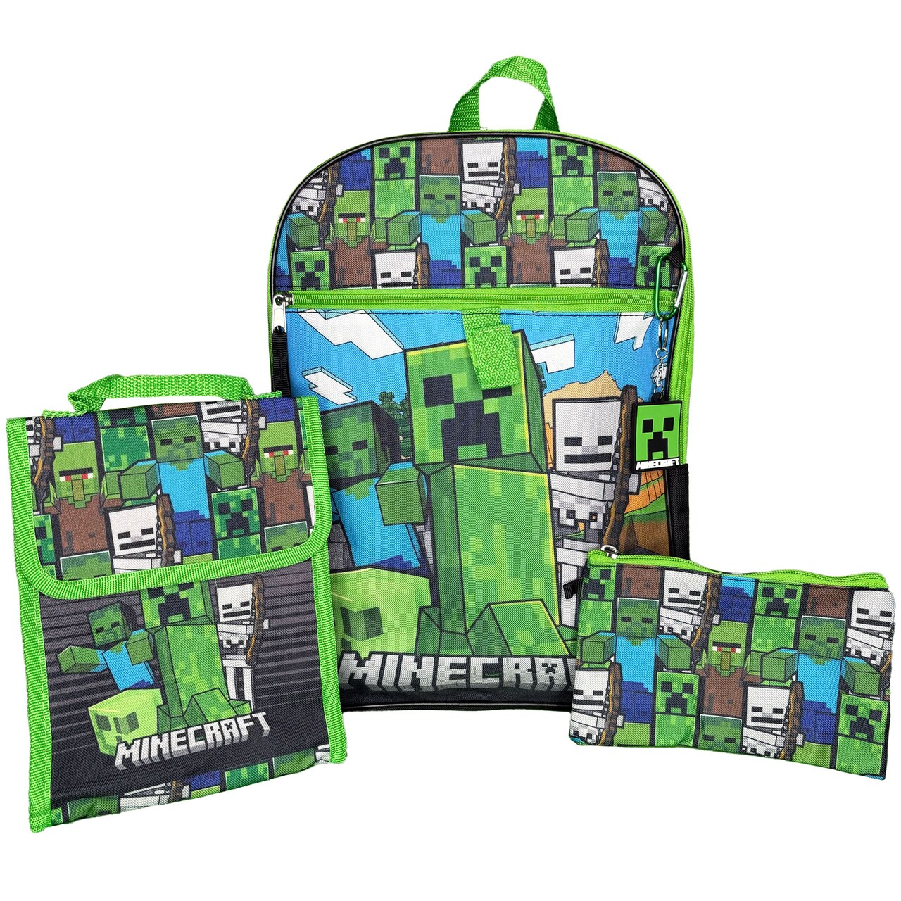 Minecraft Kids School Backpack 16" 5PC Lunch Kit, Keychain, Metal Carabiner, Batman keychain, and utility case